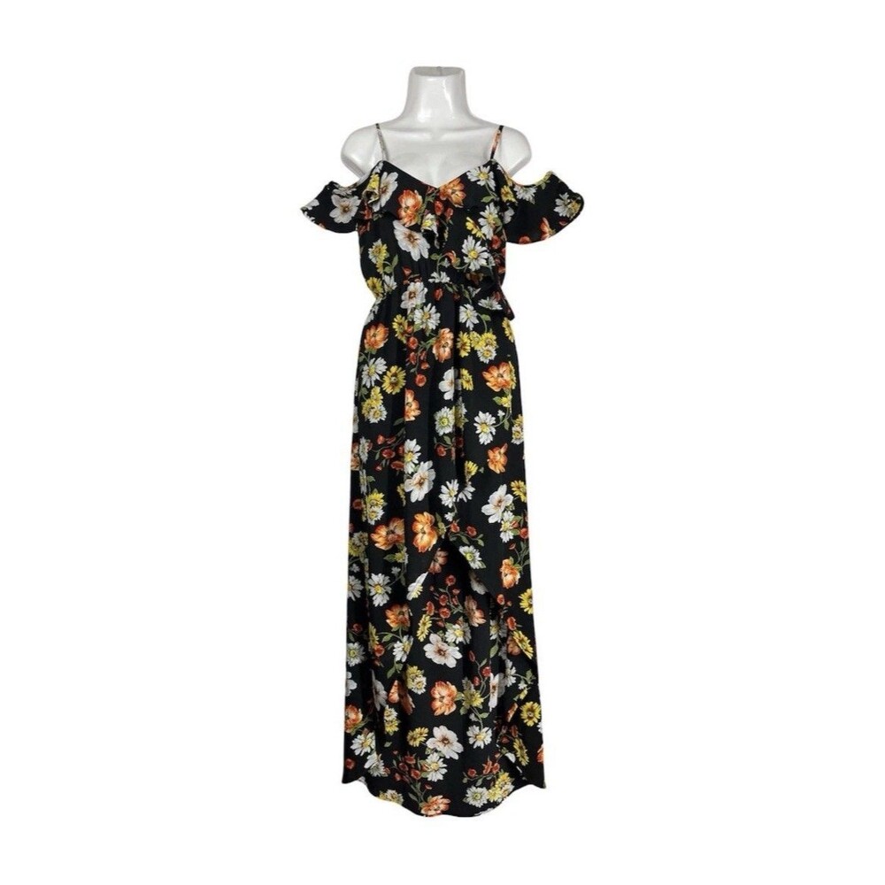 Privy Floral Dress Women Small Off Shoulder Black Boho Festival Sundress Cottage